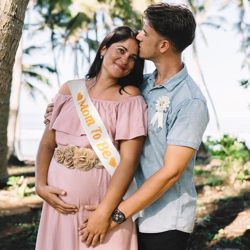 WeddingSteps Baby Shower Maternity Sash Belly Belt-Pink Flower Sash Set Mom to Be & Dad to Be Corsage Pins for Gender Reveal - Image 2